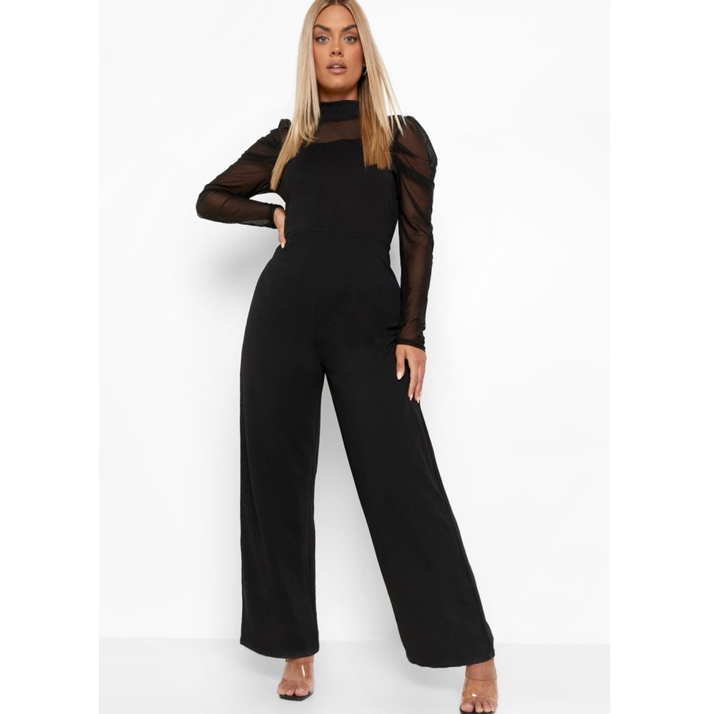 NWT Boohoo black long-sleeve wide-leg mesh detail jumpsuit